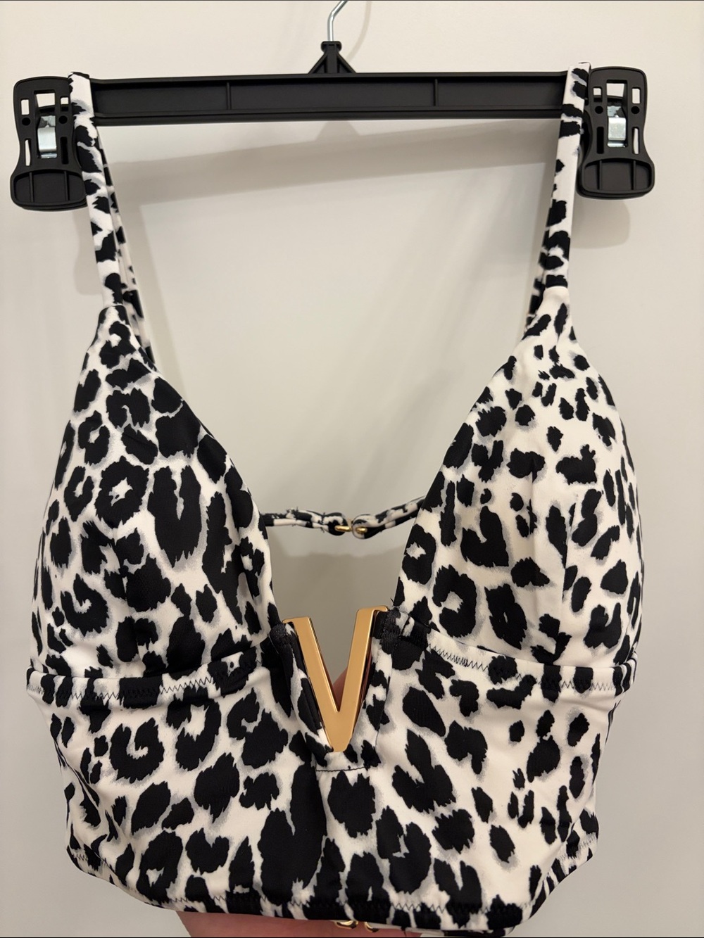 Victoria's Secret Black and White Leopard V‑Plunge Bikini Top with Gold Accent